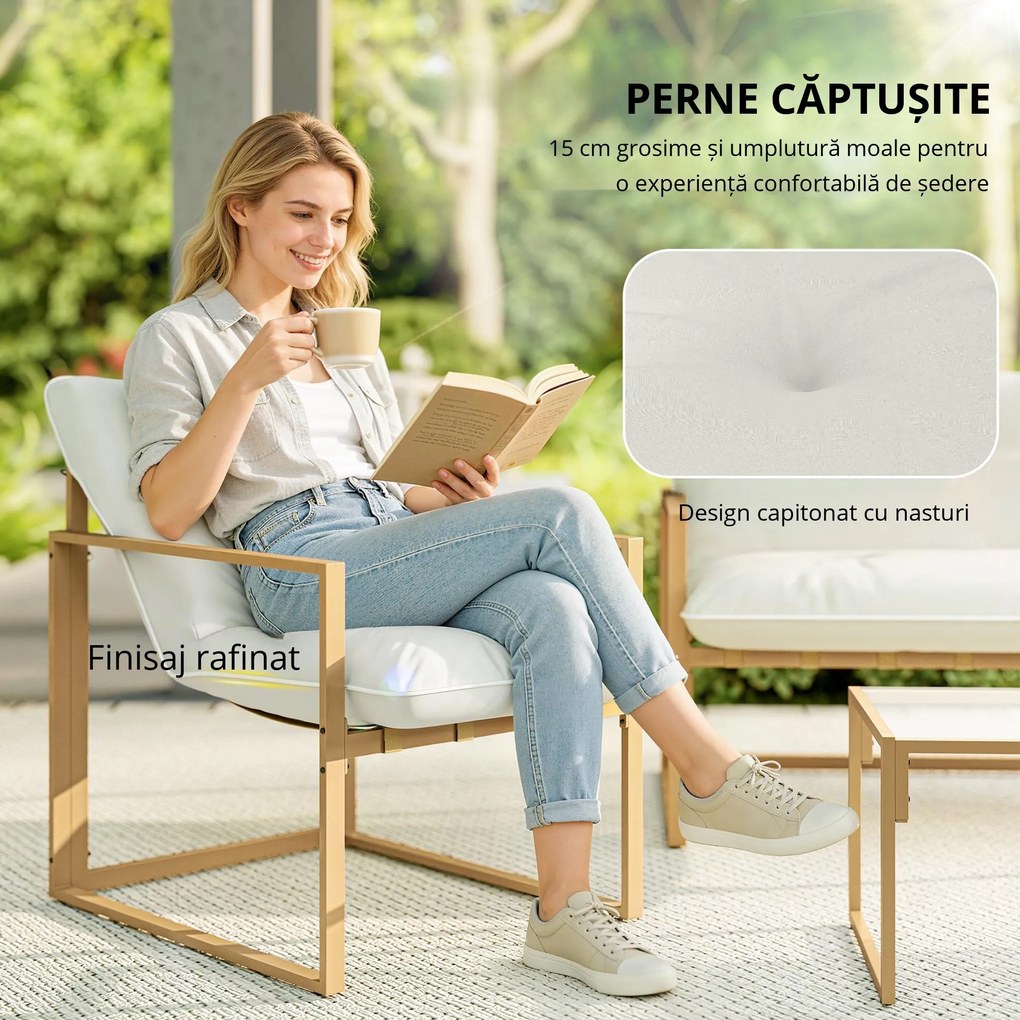 Set mobilier pentru grădină 4 piese Outsunny, set pentru terasă cu masă cu blat din sticlă securizată, canapea, 2 fotolii, Alb | Aosom Romania