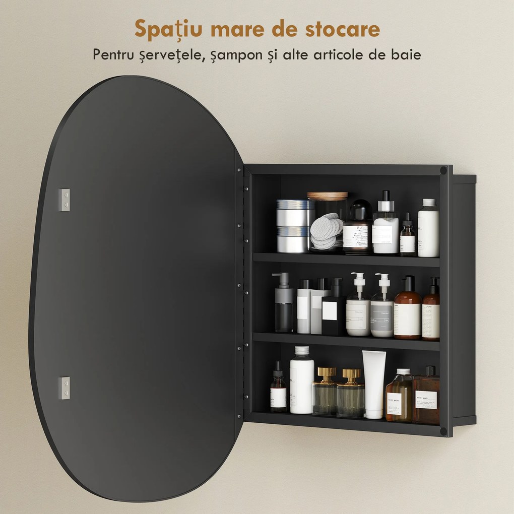 HOMCOM Dulap Baie cu Oglindă și 3 Rafturi, 61x12x79 cm, Formă Neregulată, Dulap Montabil pe Perete, Negru | Aosom Romania