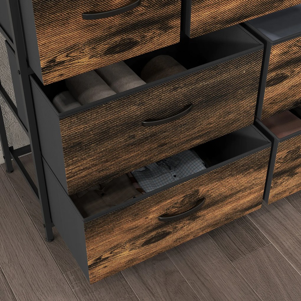 HOMCOM Dulap de Depozitare, Comodă cu 7 Sertare din Material Textil, Design Industrial, Structură din Oțel, 98x29x85cm, Maro/Negru | Aosom Romania