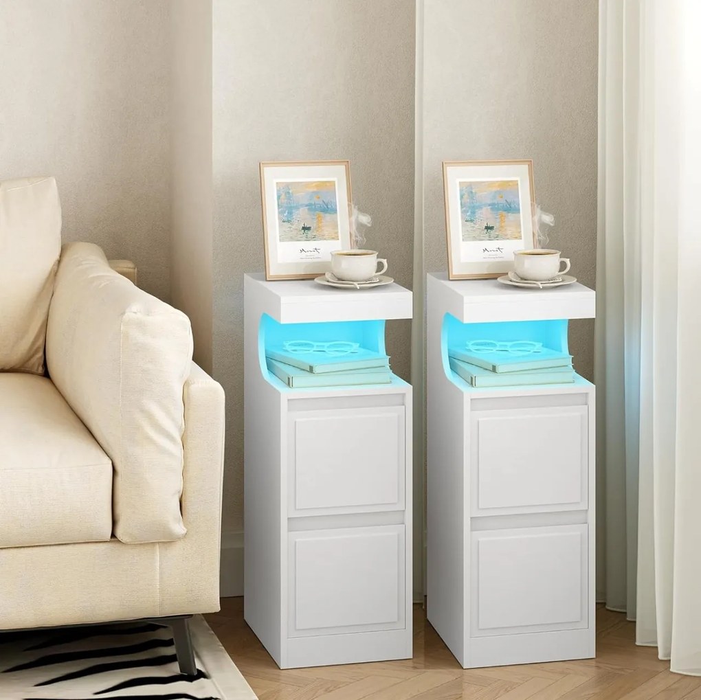 NOA79 - Set 2 Noptiere, 24 cm, foarte inguste, cu LED, 2 Sertare si Raft - Alb