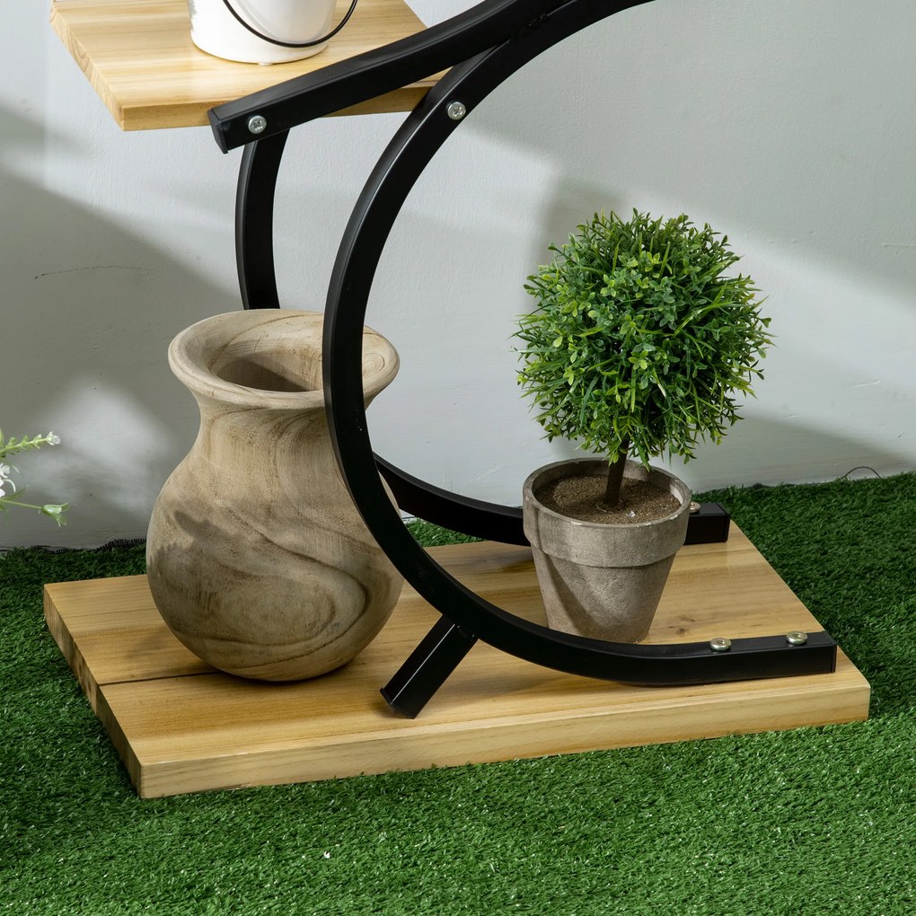 Outsunny Suport de plante cu 4 rafturi, lemn masiv, rezistent la intemperii, 46 cm x 25 cm x 91 cm, Negru + Natural | Aosom Romania