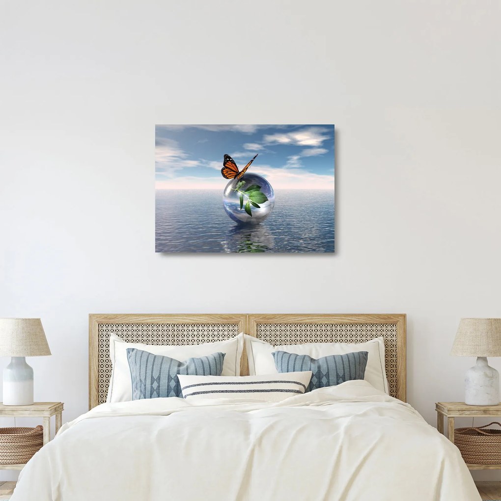 Tablou pe sticlă cu fluture pe bilă din sticlă (70x50 cm)