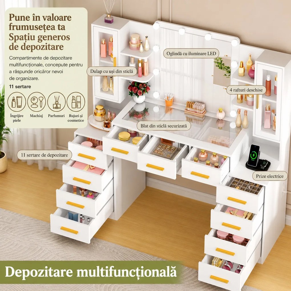 Set Masa toaleta alba 160 cm, cu Priza si USB, cosmetica, machiaj, oglinda cu LED, masuta vanity cu Blat de Sticla, make-up - SEA437