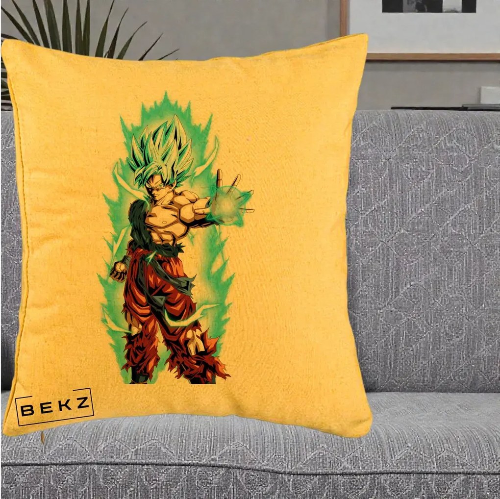 Perna Personalizata Dragon Ball Goku Ultra Instinct Blue, 40x40 cm, Galben, Husa Detasabila, Perna Inclusa, BEKZ®