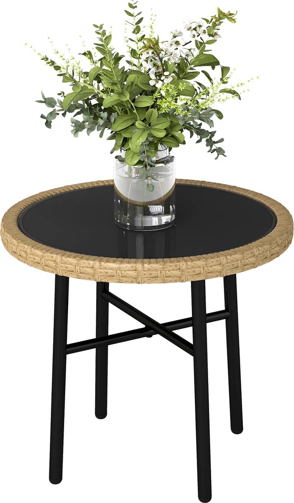 Outsunny Masă de Cafea Rotundă de Grădină, Masă Auxiliară Exterioară din Rășină Împletită și Blat din Sticlă Securizată, 46x46x43cm, Natural | Aosom Romania