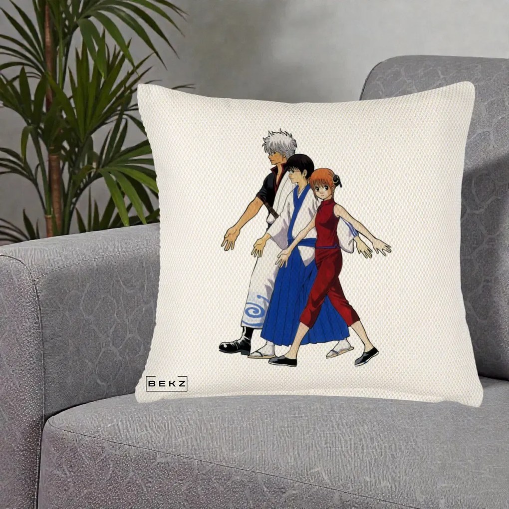 Perna Personalizata Gintama Trio Gintoki Shinpachi Kagura, 40x40 cm, Crem Reliefat, Husa Detasabila, Perna Inclusa, BEKZ®