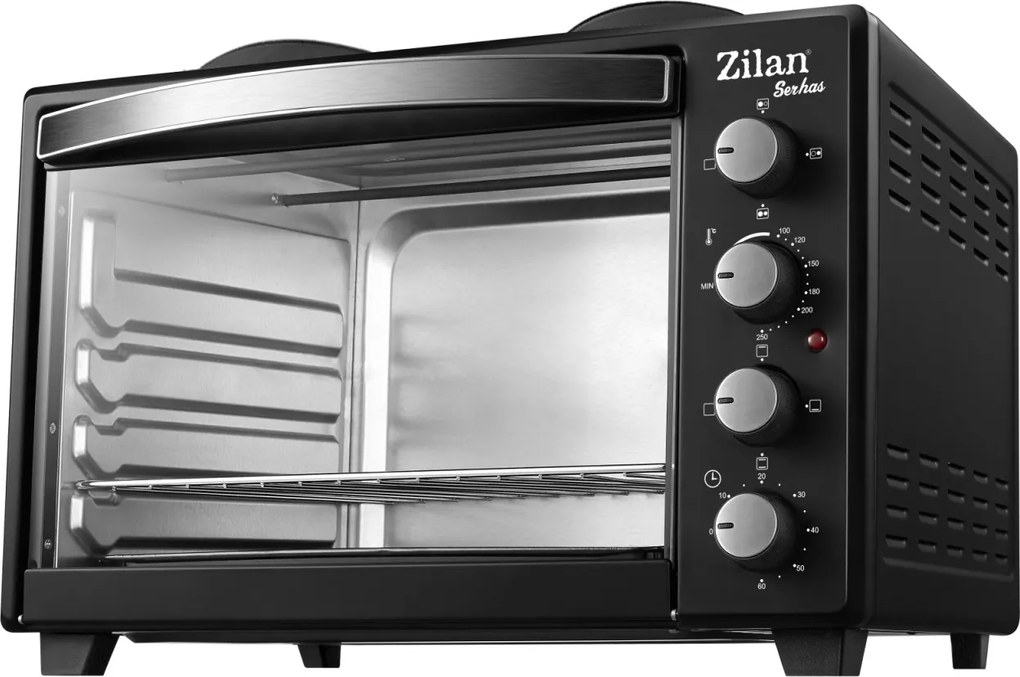 Cuptor electric cu plita Zilan ZLN2935, Negru capacitate mare 45 Litri, 1600W, Timer, Gratar, Tava inclusa,