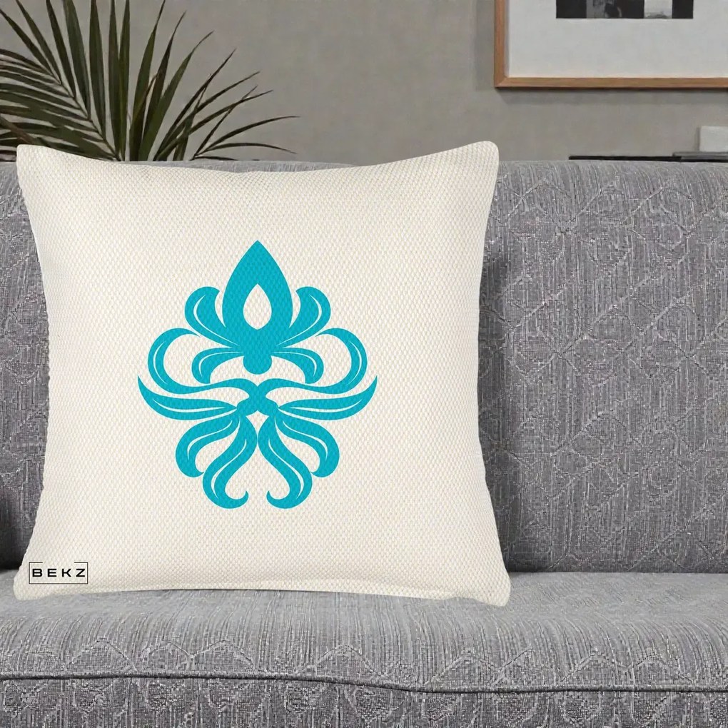 Perna Decorativa Ornament Turcoaz Fleur de Lis, 40x40 cm, Crem Reliefat, Husa Detasabila, Perna Inclusa, BEKZ®