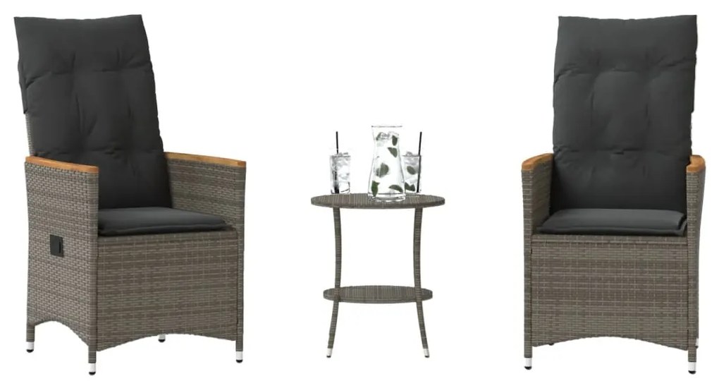 vidaXL Set bistro de grădină cu perne, 3 piese, gri, poliratan