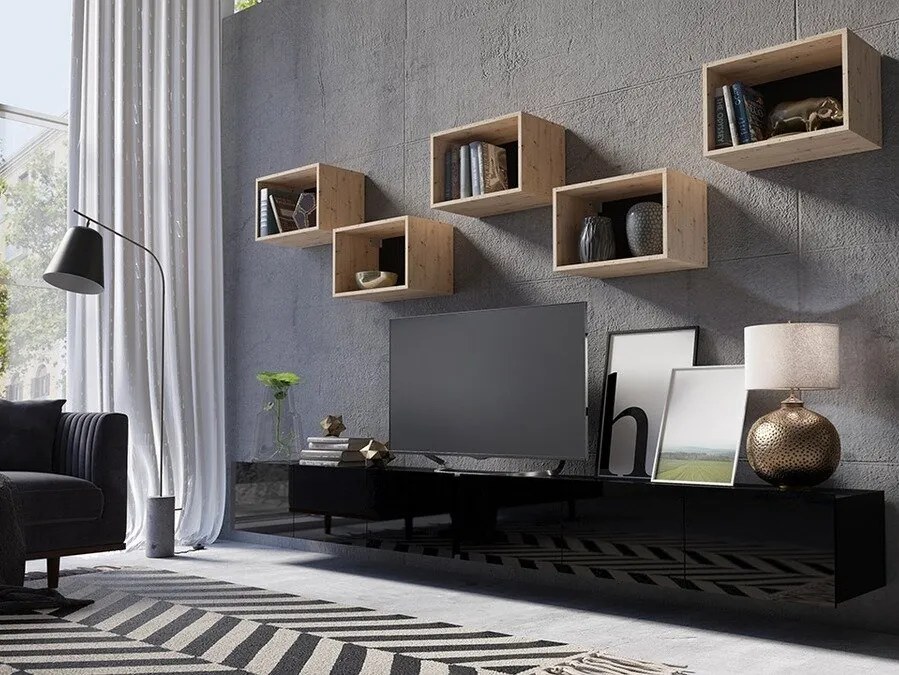 Camera de zi Providence B150Negru, Stejar Artisan, Negru lucios, Părți separate, Cu comodă tv, Cu componente suplimentare, PAL laminat, 300x43cm