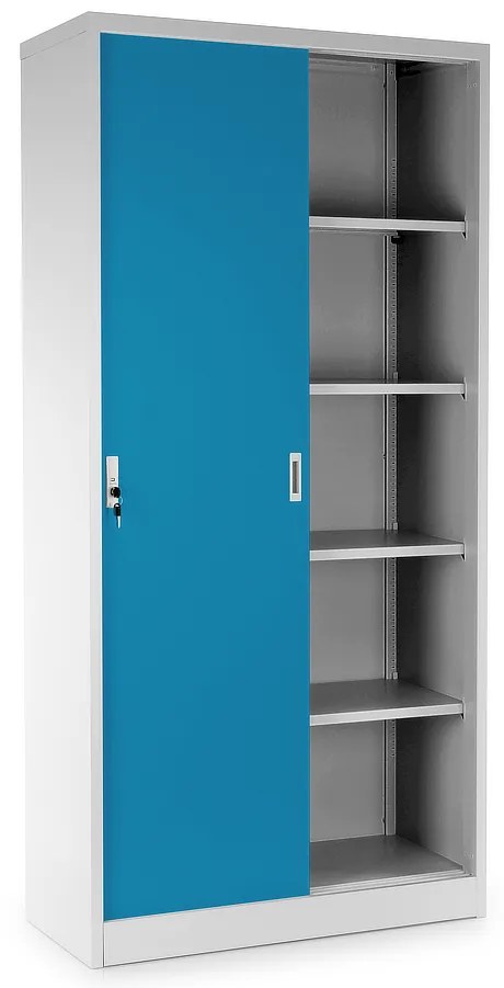 Dulap metalic universal cu uși glisante 90 x 40 x 185 cm, încuietoare cilindrică, albastru - ral 5012