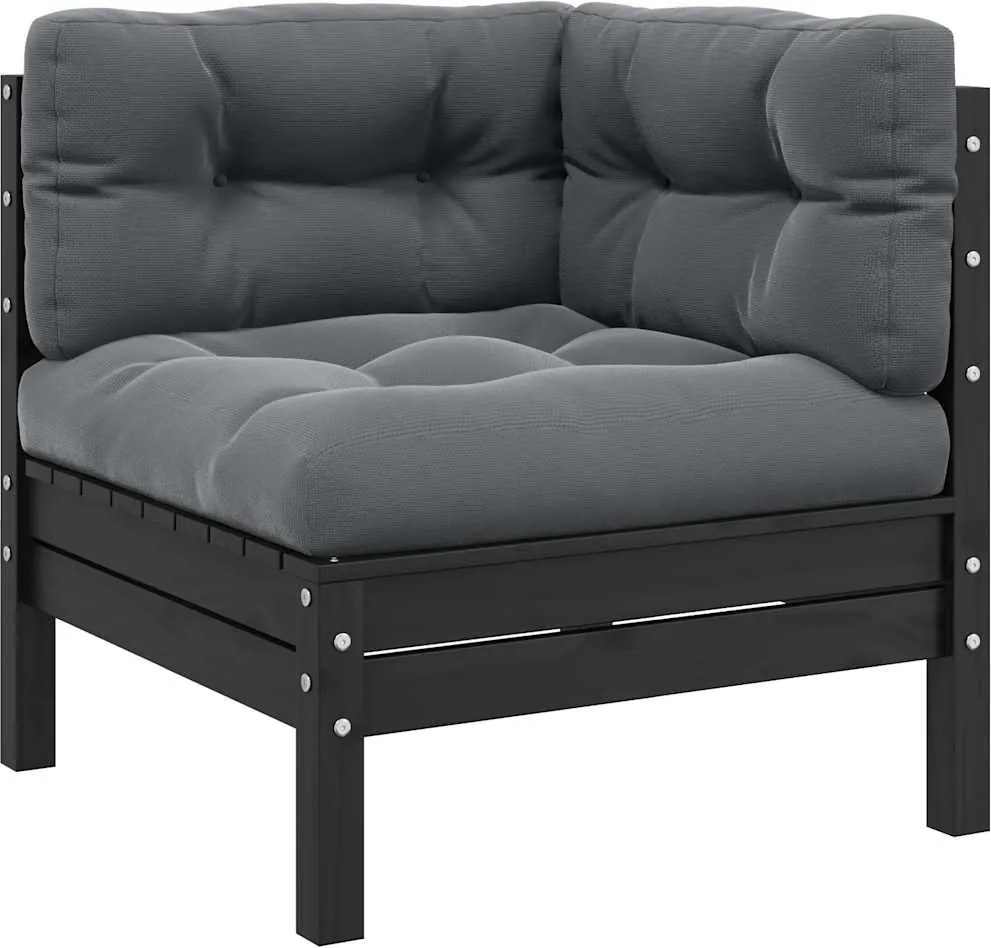 vidaXL Canapea colțar de grădină cu perne, negru, lemn masiv de pin