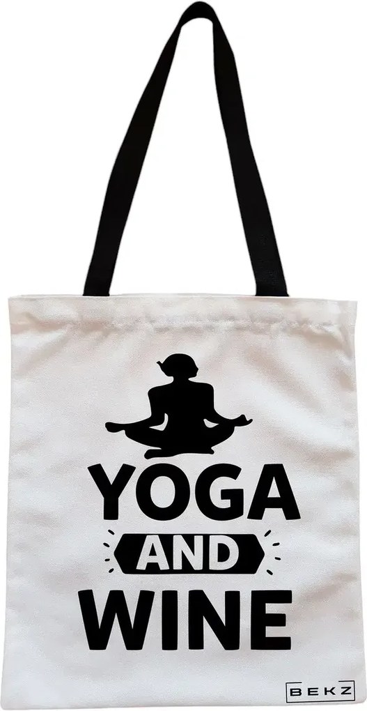 Sacosa de Panza pentru Cumparaturi, Geanta Tote, Yoga and Wine, Cu fermoar, 38x34.5 cm, Alba, BEKZ®
