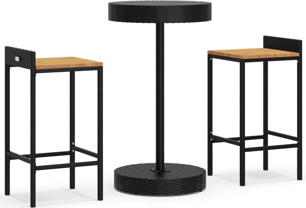 vidaXL Set bar pentru grădină, 3 piese, negru, poliratan/lemn acacia