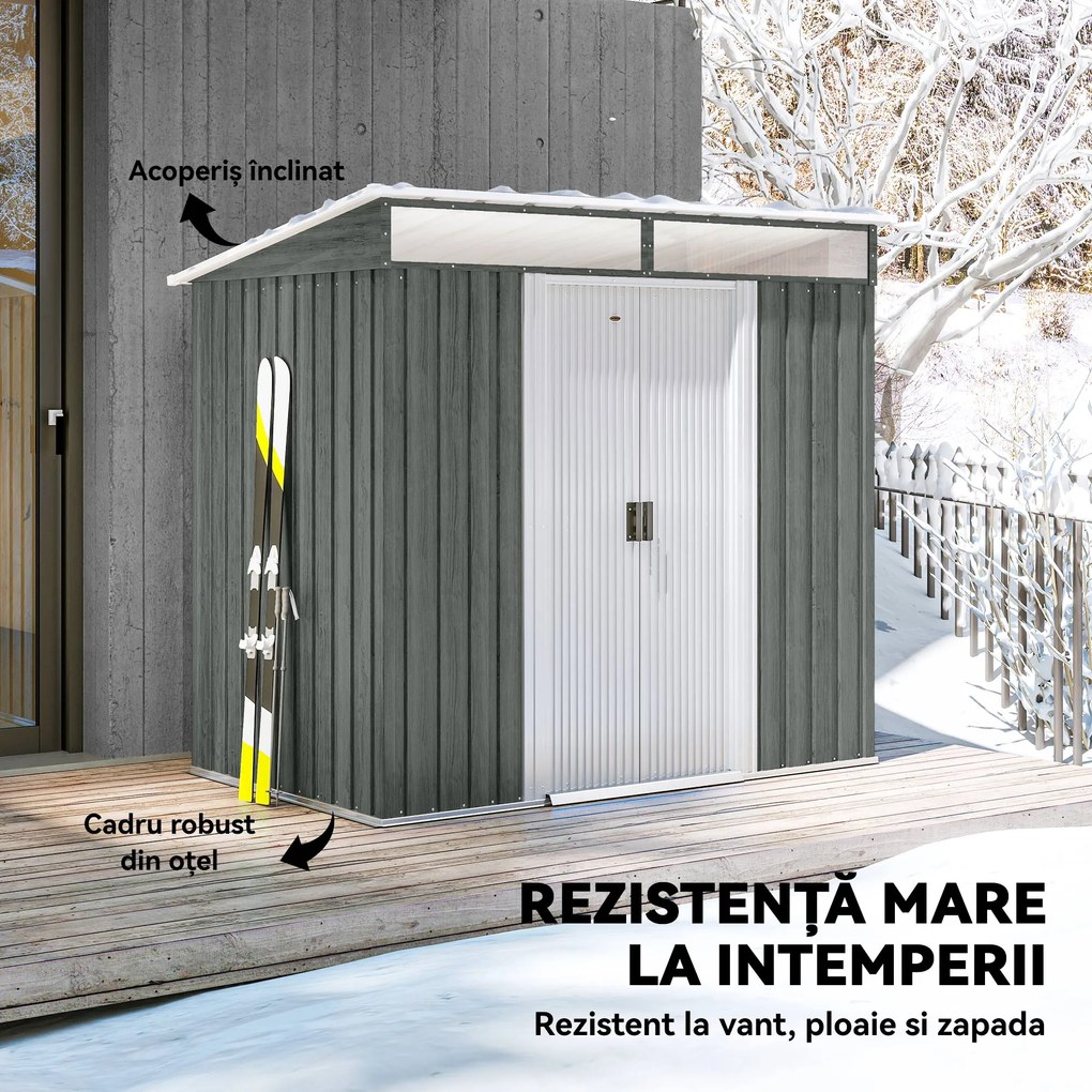 Outsunny Căsuță de Grădină 6.5 x 4FT din Metal Galvanizat cu Fundație, Magazin cu Uși Duble Culisante și 2 Guri de Aerisire, Gri | Aosom Romania