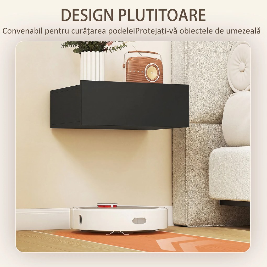 HOMCOM Set de 2 Noptiere Suspendate cu Sertar, 40x30x15 cm, Negru | Aosom Romania