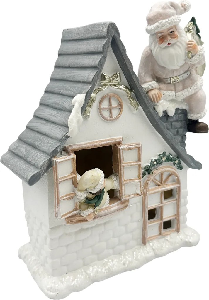 Decor Craciun cu LED ,   Casuta Alba cu Mos Craciun si Fetita la Fereastra JOY, 13x16cm