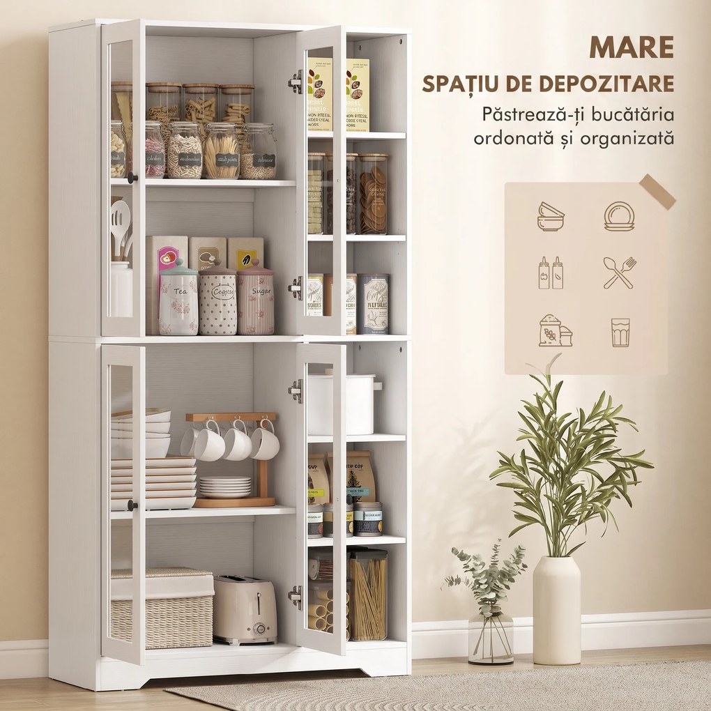 HOMCOM Bufet Bucătărie Înalt, Dulap Dispensa cu 4 Uși din Sticlă Soft-Close, 6 Rafturi Deschise, Rafturi Reglabile, Alb | Aosom Romania