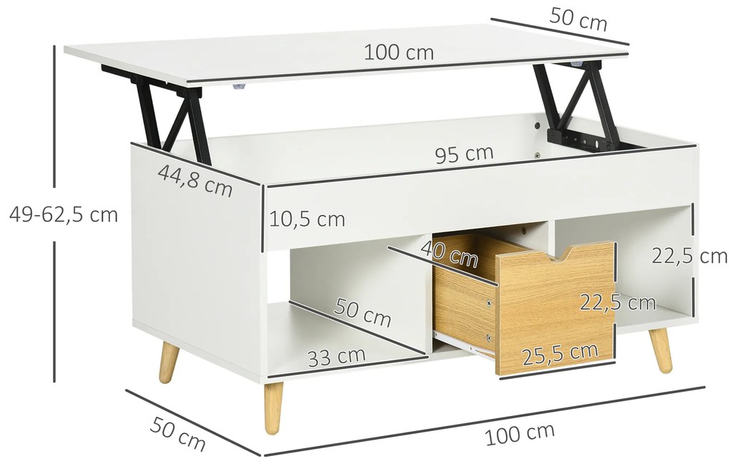 HOMCOM Masă de cafea rectangulară cu blat rabatabil 1 sertar, 2 rafturi și cutie - din lemn aspect lemn deschis și alb | Aosom Romania