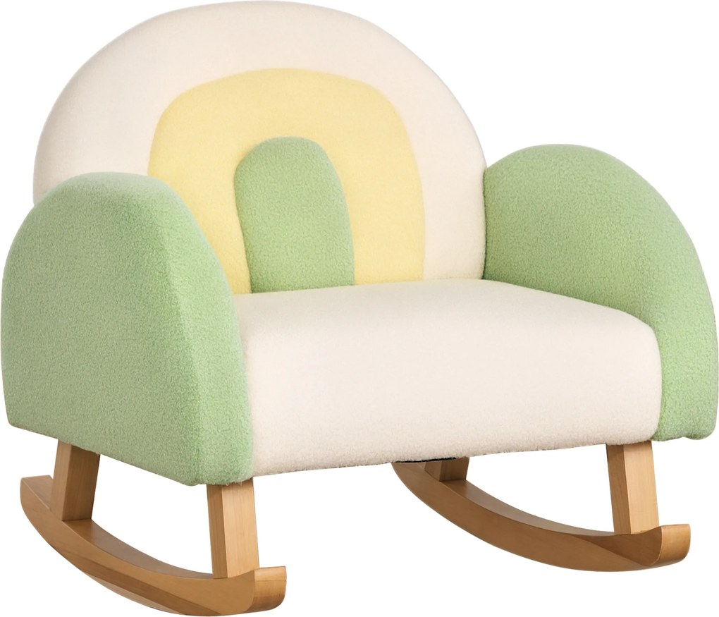 HOMCOM Fotoliu balansoar pentru copii mici, design drăguț, imitație de lână, lemn de eucalipt, Verde + Galben Bej | Aosom Romania