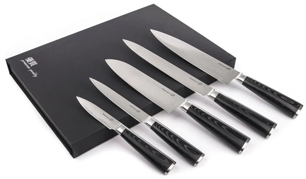 Set de cuțite G21 Damascus Premium în bloc de bambus, cutie, 5 bucăți + piatră de ascuțit