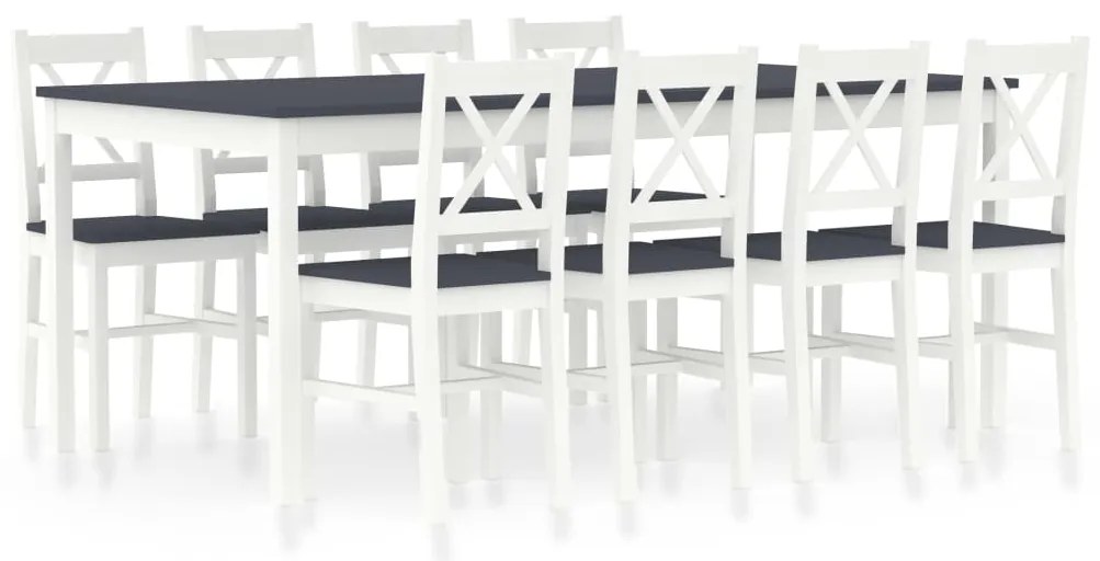 283388 vidaXL Set mobilier de bucătărie, 9 piese, alb și gri, lemn de pin