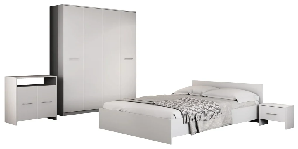 Dormitor Luiza 4U5P, culoare alb, cu pat standard 140 x 200 cm, dulap cu 4 usi, comoda si 2 noptiere