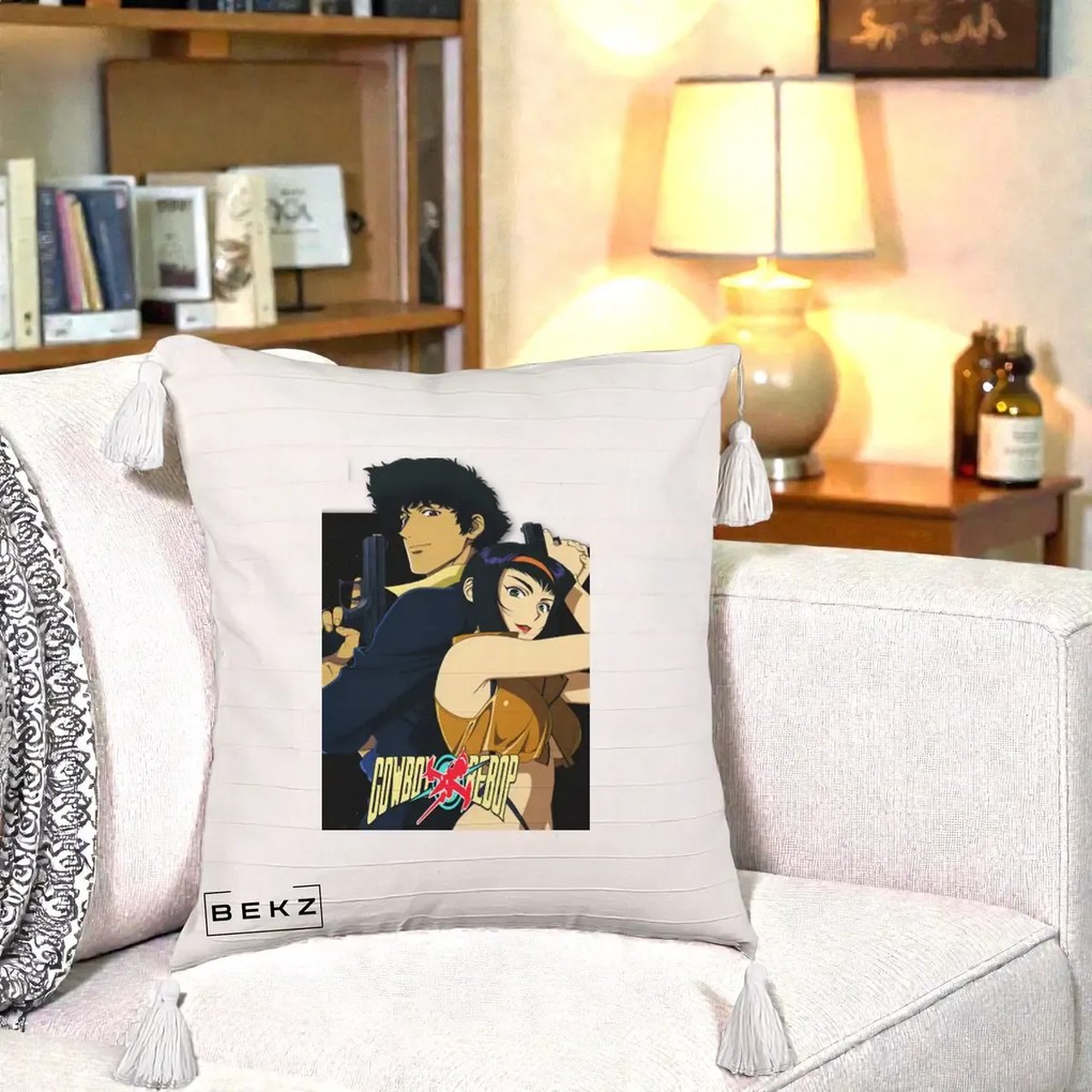 Perna Personalizata Cowboy Bebop Spike si Faye Poster, 40x40 cm, Bej cu Franjuri, Husa Detasabila, Perna Inclusa, BEKZ®