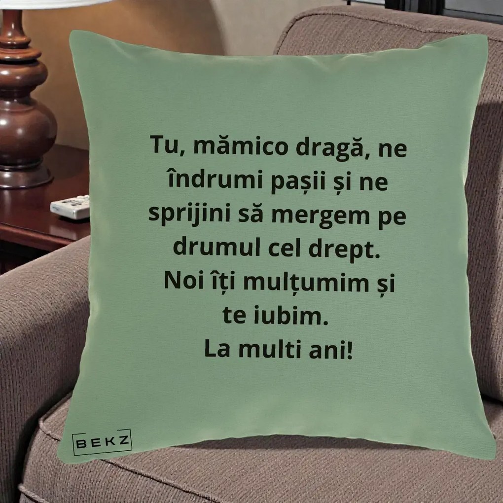 Cadou pentru Mama - Perna Personalizata Mamico Draga Te Iubim La Multi Ani cu Text Negru, 40x40 cm, Verde, Husa Detasabila, Perna Inclusa, BEKZ®