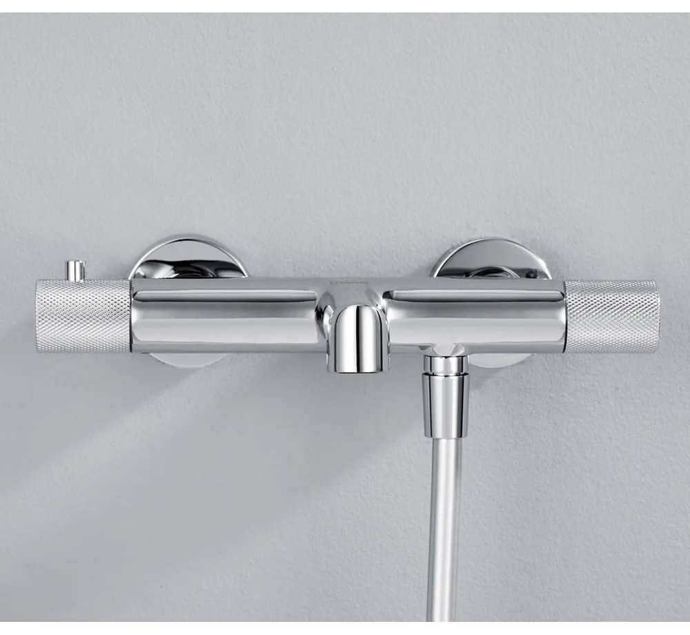 Baterie argintiu-lucios pentru cadă cu montare pe perete (2 ieșiri) Solaris – Sapho