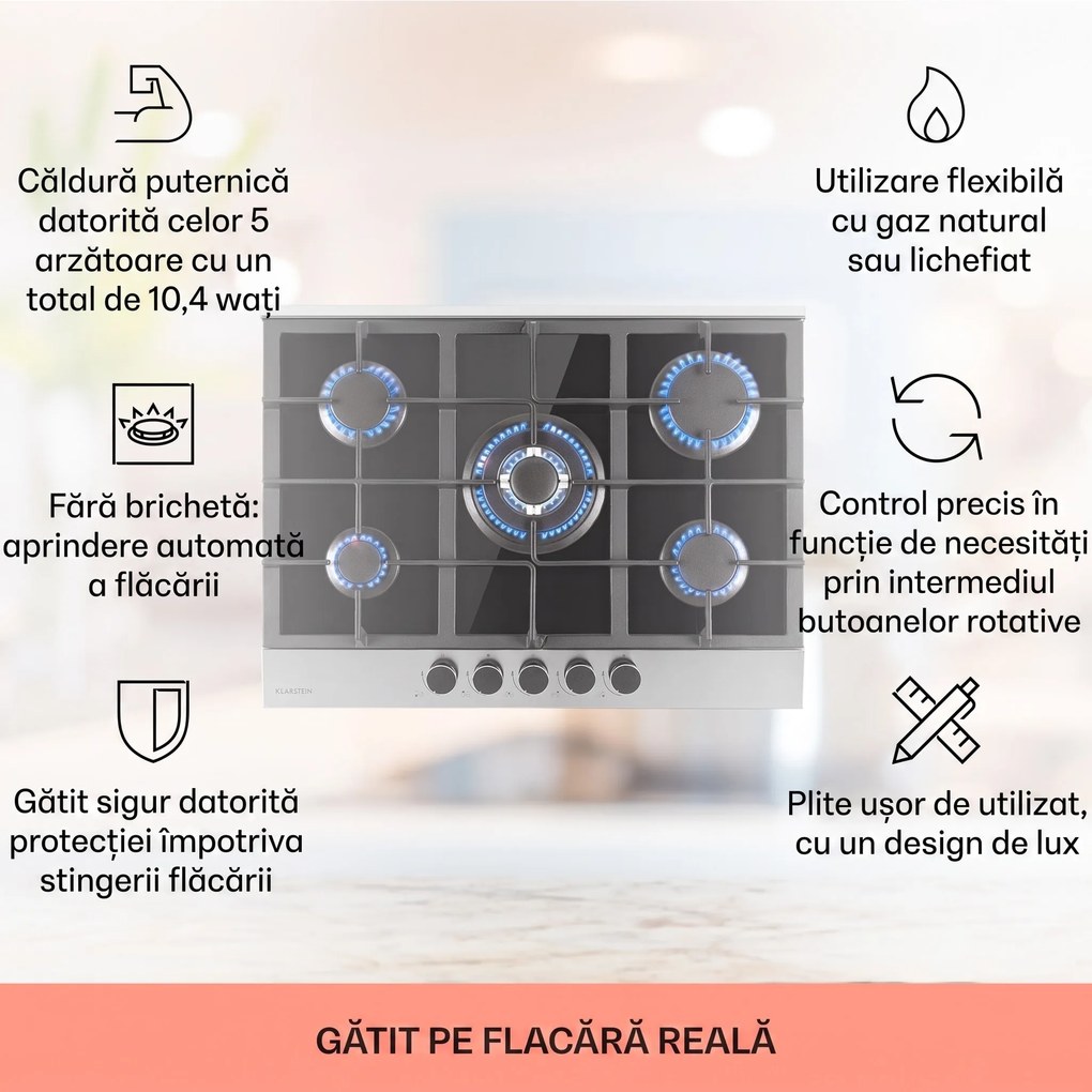 Klarstein Alchemist, plită pe gaz cu 5 zone, arzătoare din aluminiu, sticlă-ceramică, negru