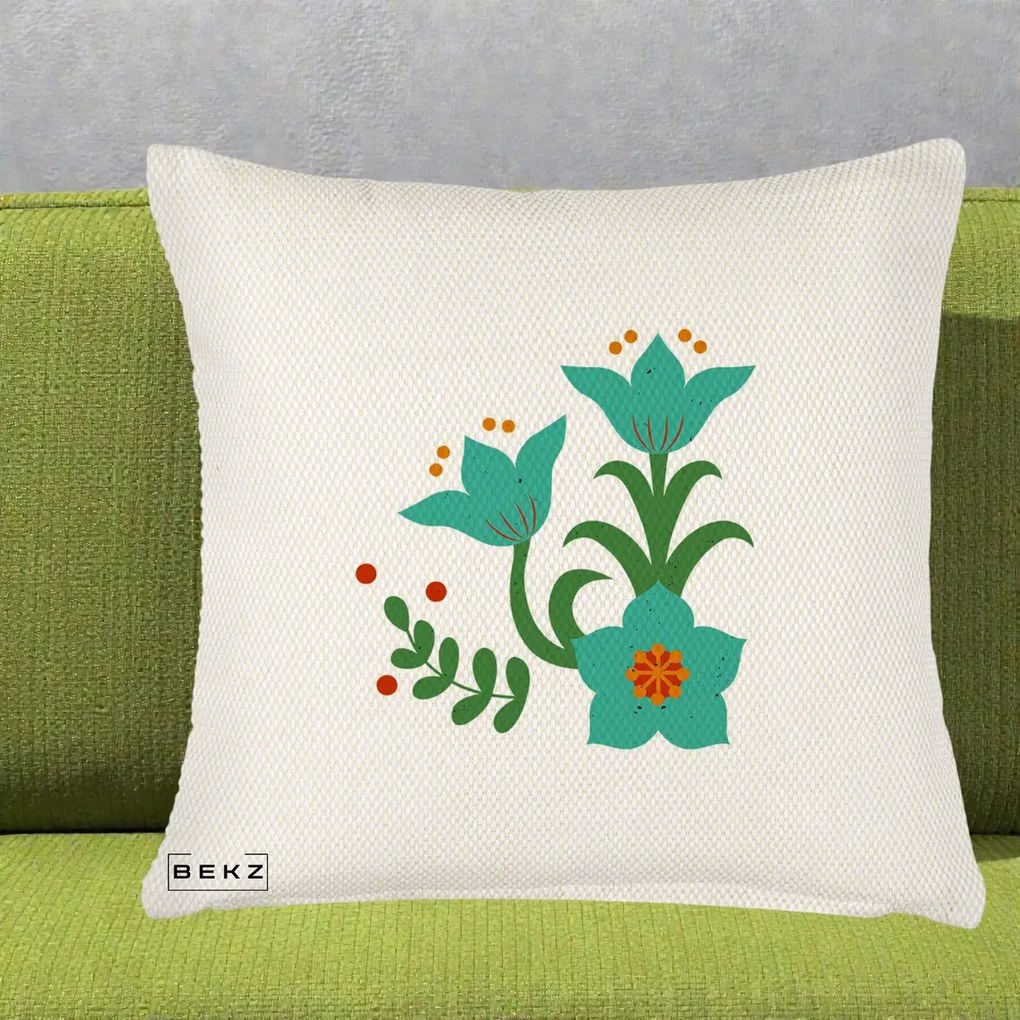 Perna Decorativa Flori Stilizate Folk Turcoaz, 40x40 cm, Crem Reliefat, Husa Detasabila, Perna Inclusa, BEKZ®