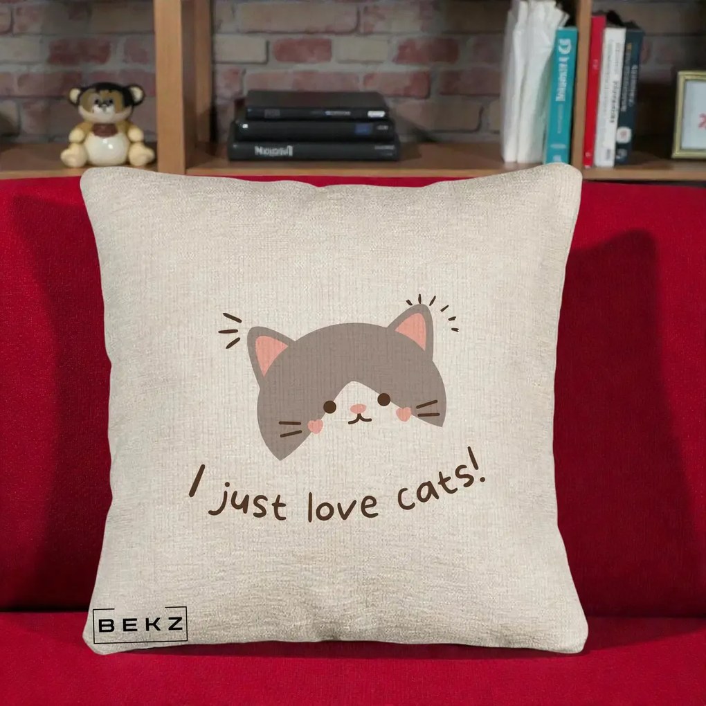 Perna Personalizata I Just Love Cats Pisica Kawaii, 40x40 cm, Bej Canapea, Husa Detasabila, Perna Inclusa, BEKZ®