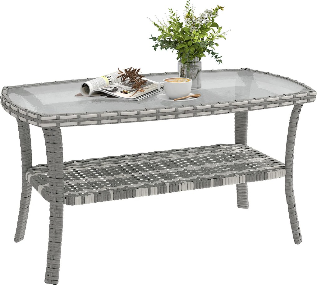 Outsunny Masă de grădină exterioară dreptunghiulară din ratan cu raft blat din sticlă securizată cu model ondulat 90x50x45 cm Gri închis | Aosom Romania