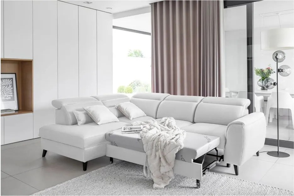 Colțar alb extensibil/cu spațiu de depozitare cu tapițerie din catifea (cu colț pe partea stângă/în formă de ”L”) Noble – ELTAP