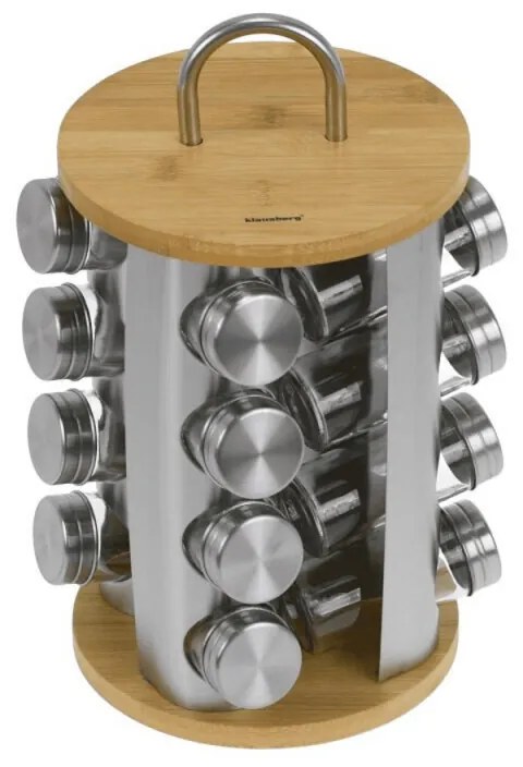 Set 16 borcane pentru condimente cu suport rotativ Klausberg KB 7553, bambus si otel, Inox/maro