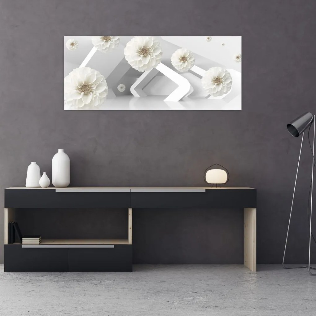 Tablou abstract cu flori albe (120x50 cm)