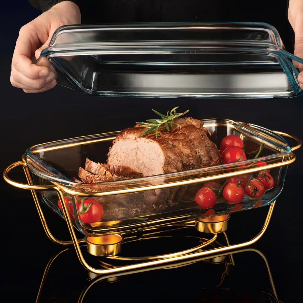 Vas termorezistent cu incalzitor 3.9L, suport auriu, chafing dish, Saule