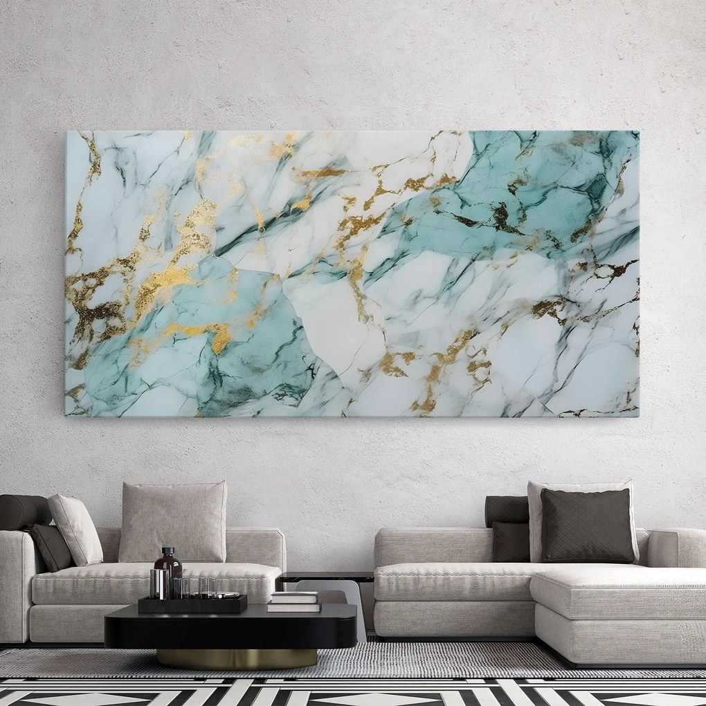 Tablou Canvas, 50x100cm, Dormitor si Living, Abstracte, Marble, Light Green Gold Line