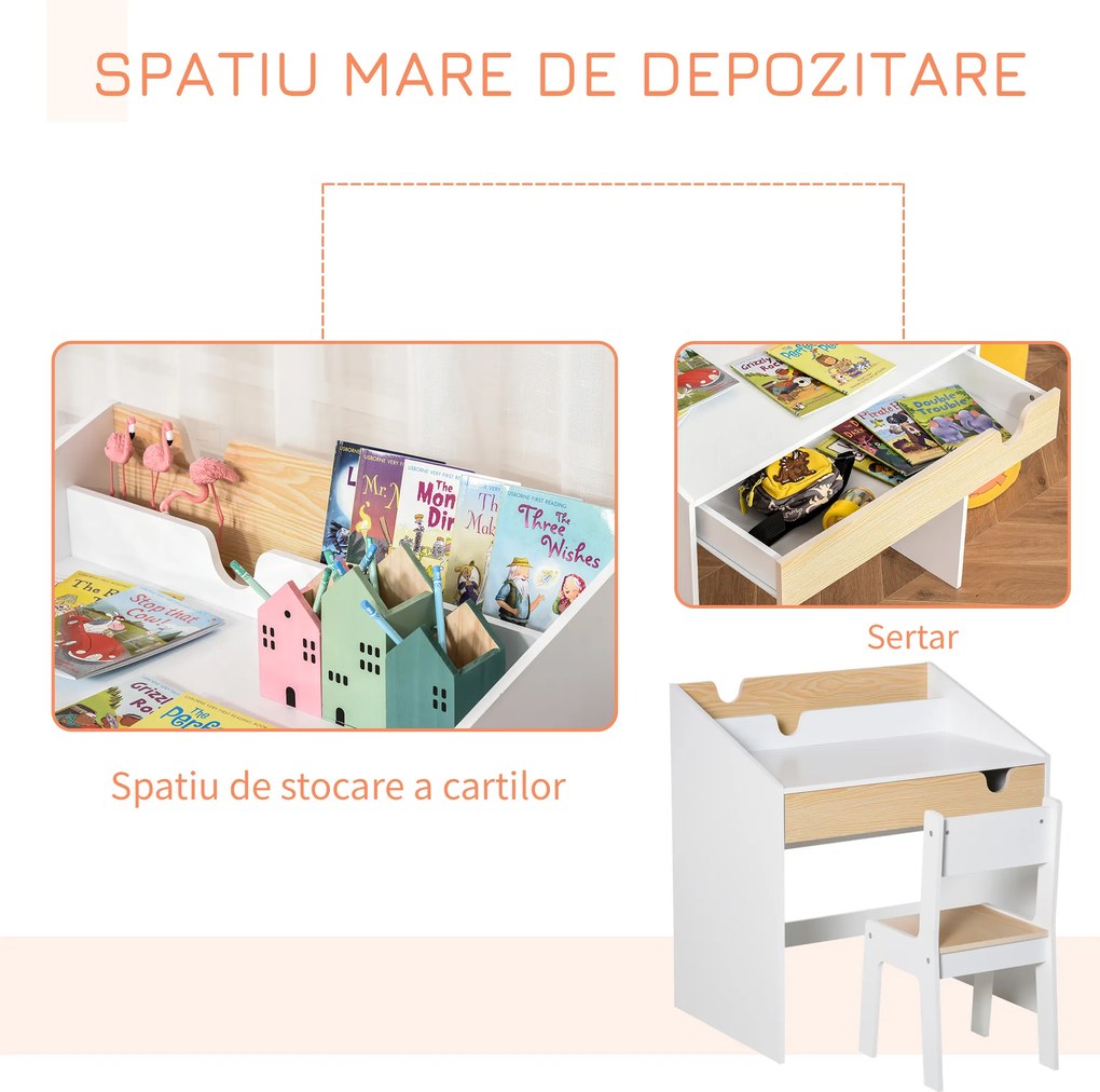HOMCOM Set Birou și Scaun pentru Copii 6-10 Ani cu Raft și Sertar | Aosom Romania