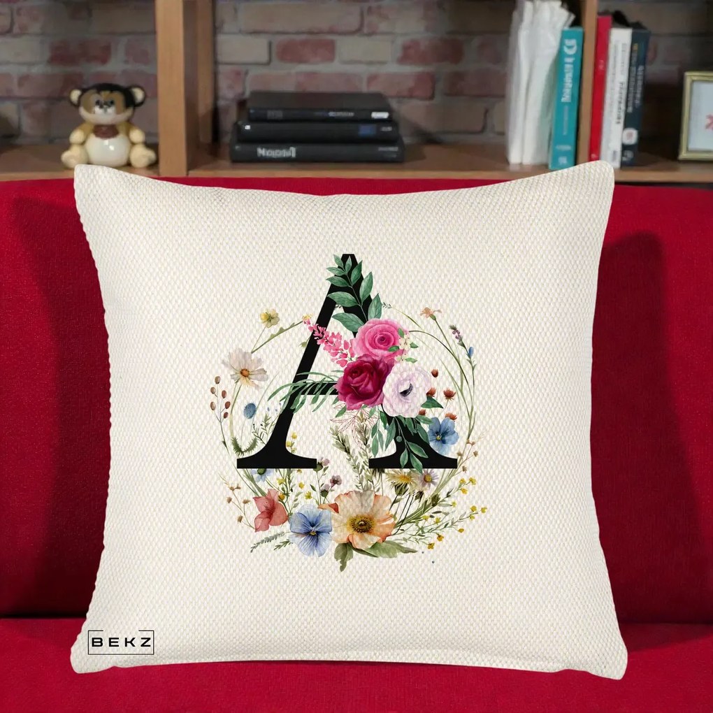 Cadou Personalizat - Perna Personalizata Monogram Litera A cu Flori Acuarela, 40x40 cm, Crem Reliefat, Husa Detasabila, Perna Inclusa, BEKZ®