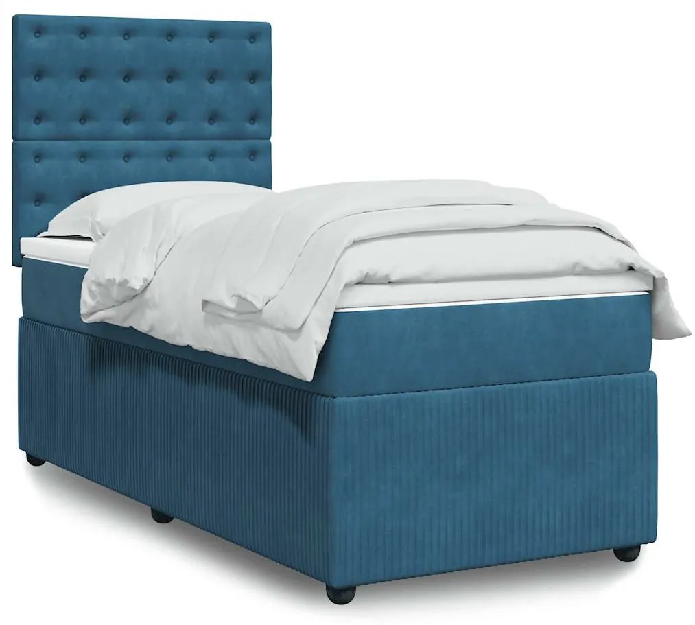 vidaXL Pat box spring cu saltea, albastru, 90x200 cm, catifea