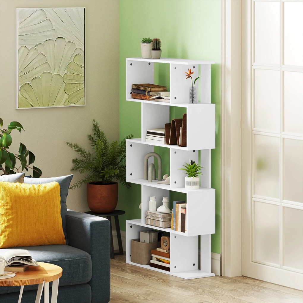 HOMCOM Bibliotecă Asimetrică în Formă de S cu 5 Niveluri și 10 Rafturi Deschise, 80x24x159 cm, Alb | Aosom Romania