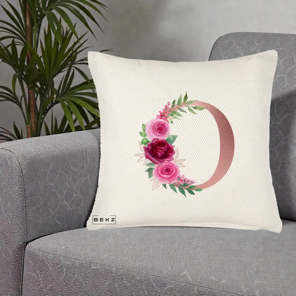 Cadou Personalizat - Perna Personalizata Monograma Rose Gold Litera O, 40x40 cm, Crem Reliefat, Husa Detasabila, Perna Inclusa, BEKZ®