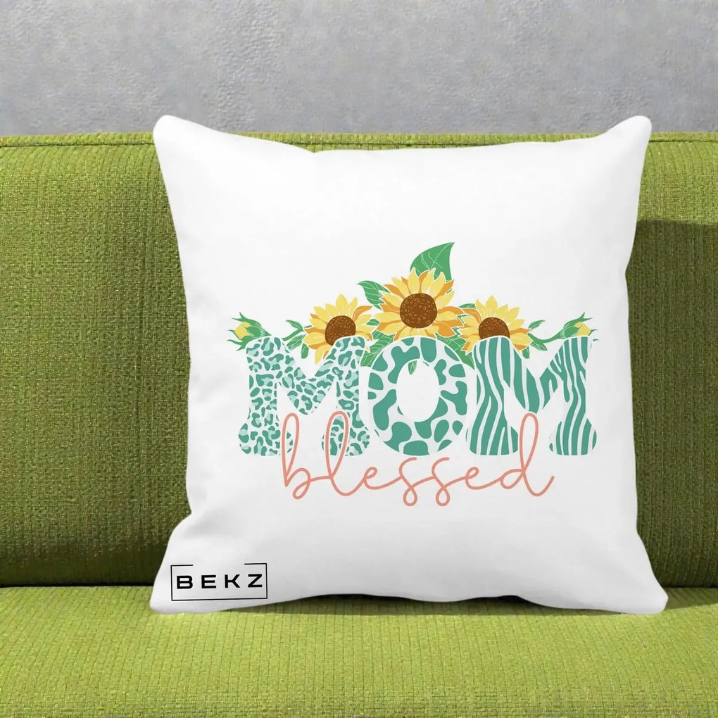 Cadou pentru Mama - Perna Personalizata Mom Blessed cu Floarea Soarelui Animal Print Teal, 40x40 cm, Alba Mata, Husa Detasabila, Perna Inclusa, BEKZ®