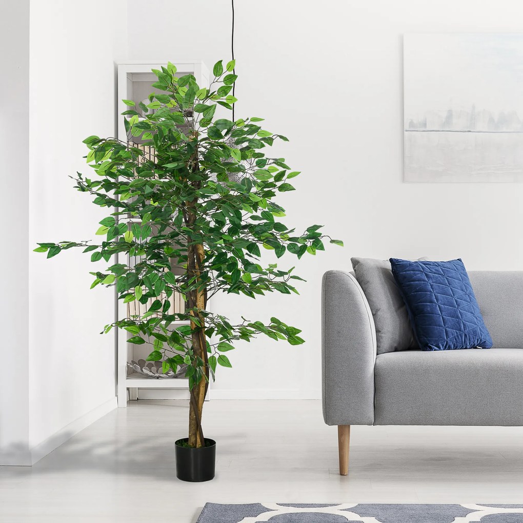 HOMCOM Ficus artificial cu ghiveci de 5 ft, planta artificiala de interior, exterior, pentru decorarea camerei de zi, biroului