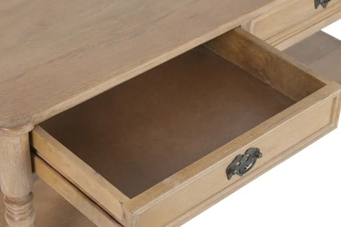 Măsuță de cafea din lemn masiv de mango, finisaj natural maro, 2 sertare și poliță inferioară, 110 x 60 x 45 cm, „Classic"