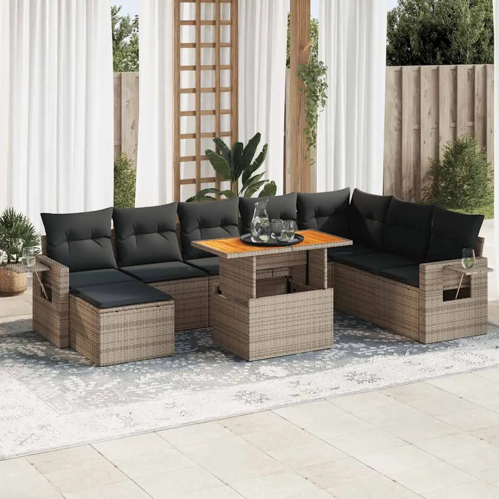 vidaXL Set canapele de grădină, 9 piese, cu perne, gri, poliratan