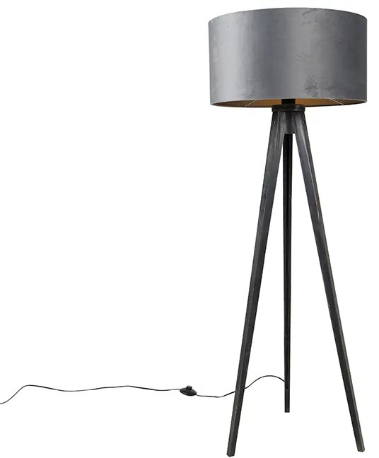 Lampă de podea trepied neagră cu abajur gri 50 cm - Tripod Classic
