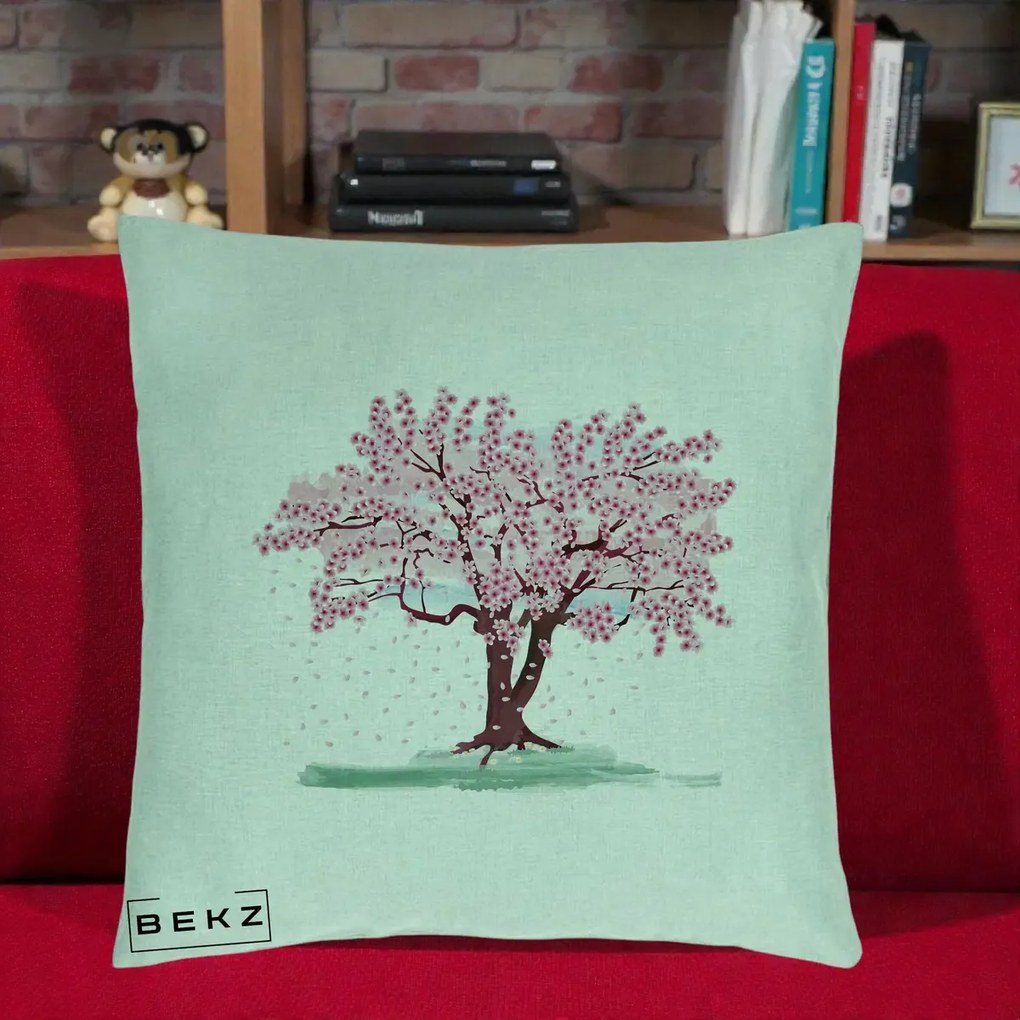 Perna Decorativa Cires Inflorit Acuarela, 40x40 cm, Verde Menta, Husa Detasabila, Perna Inclusa, BEKZ®